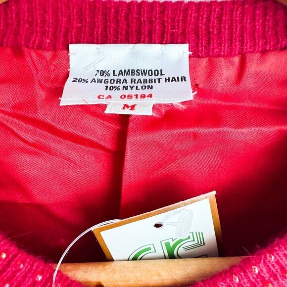 Vintage Wool Angora Hand beaded Raspberry Pink Cardigan NWT M - Picture 7 of 7